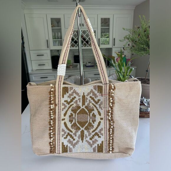 America & Beyond Hand Beaded Neutral Colored Wild Nights Tote Bag NWT - Picture 1 of 13